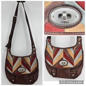 Vintage Fossil Maddox Leather Suede Chevron Patchwork Crossbody Bag Brown Multi
